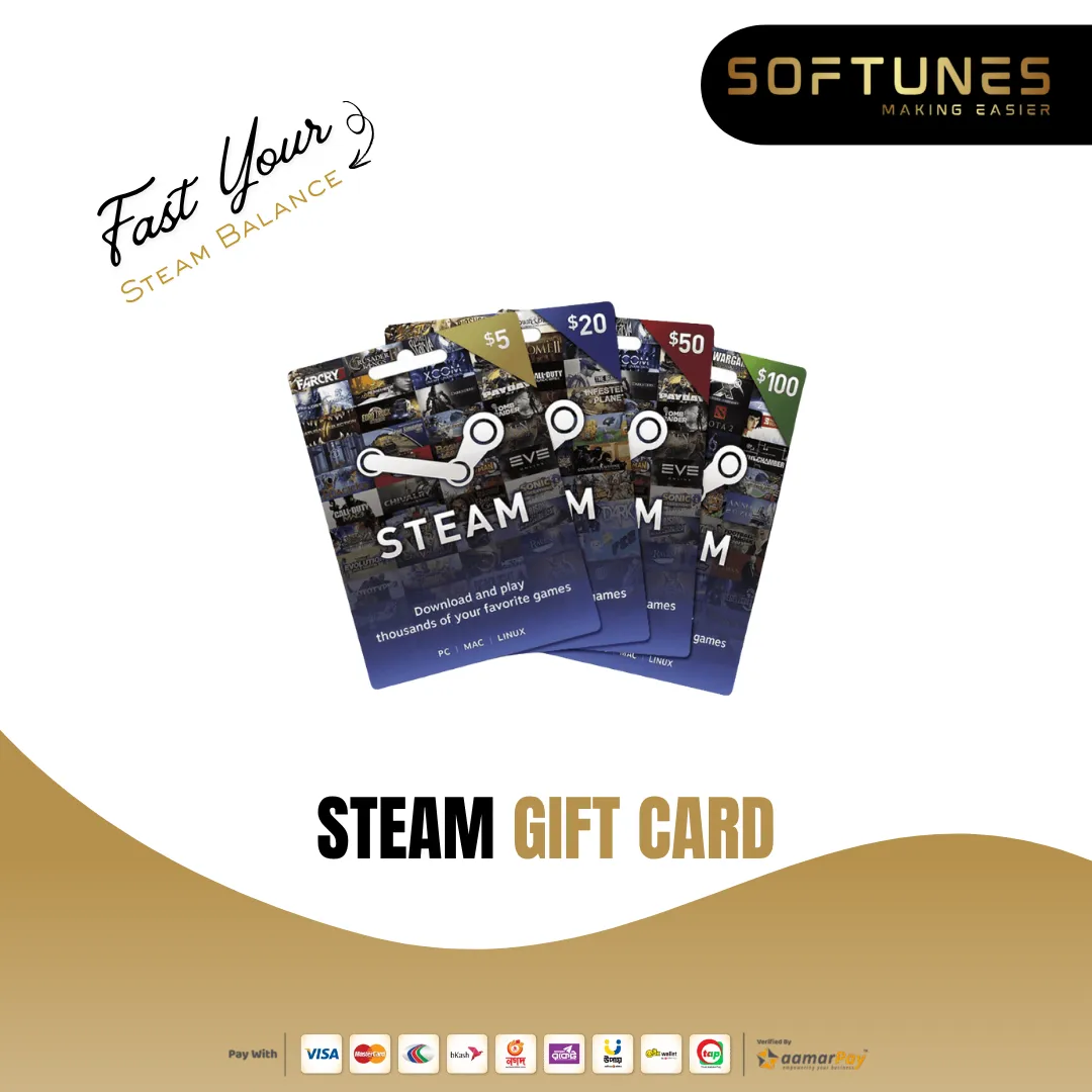Steam gift card digital code for instant wallet top-up and game purchases in Bangladesh.